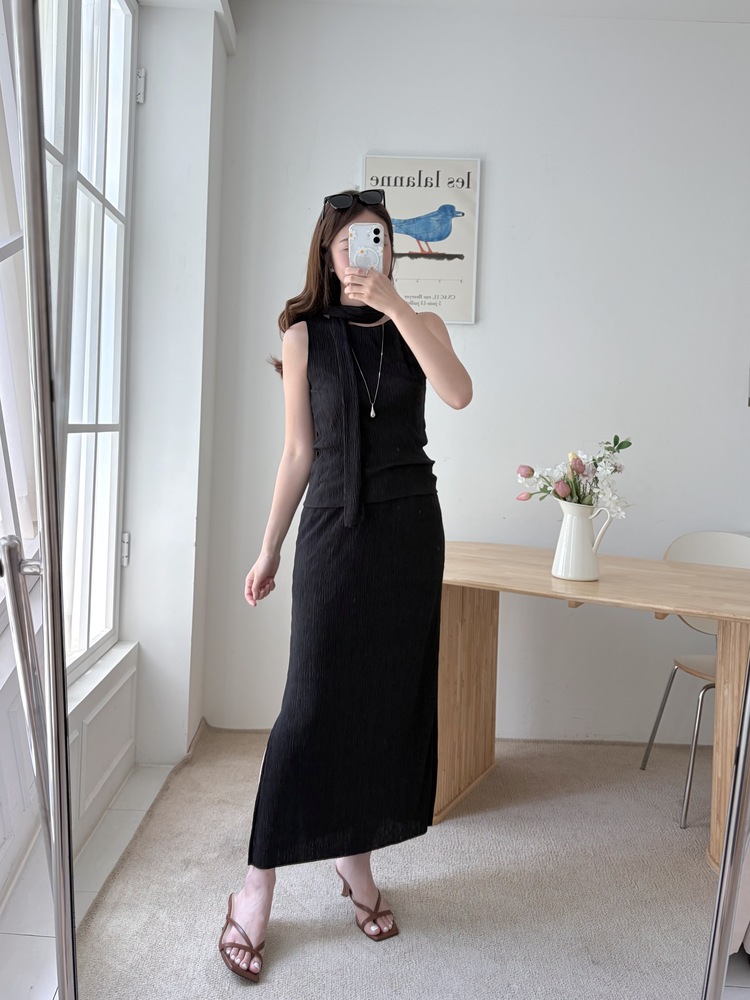Summer Pleated Scarf Set (Black)