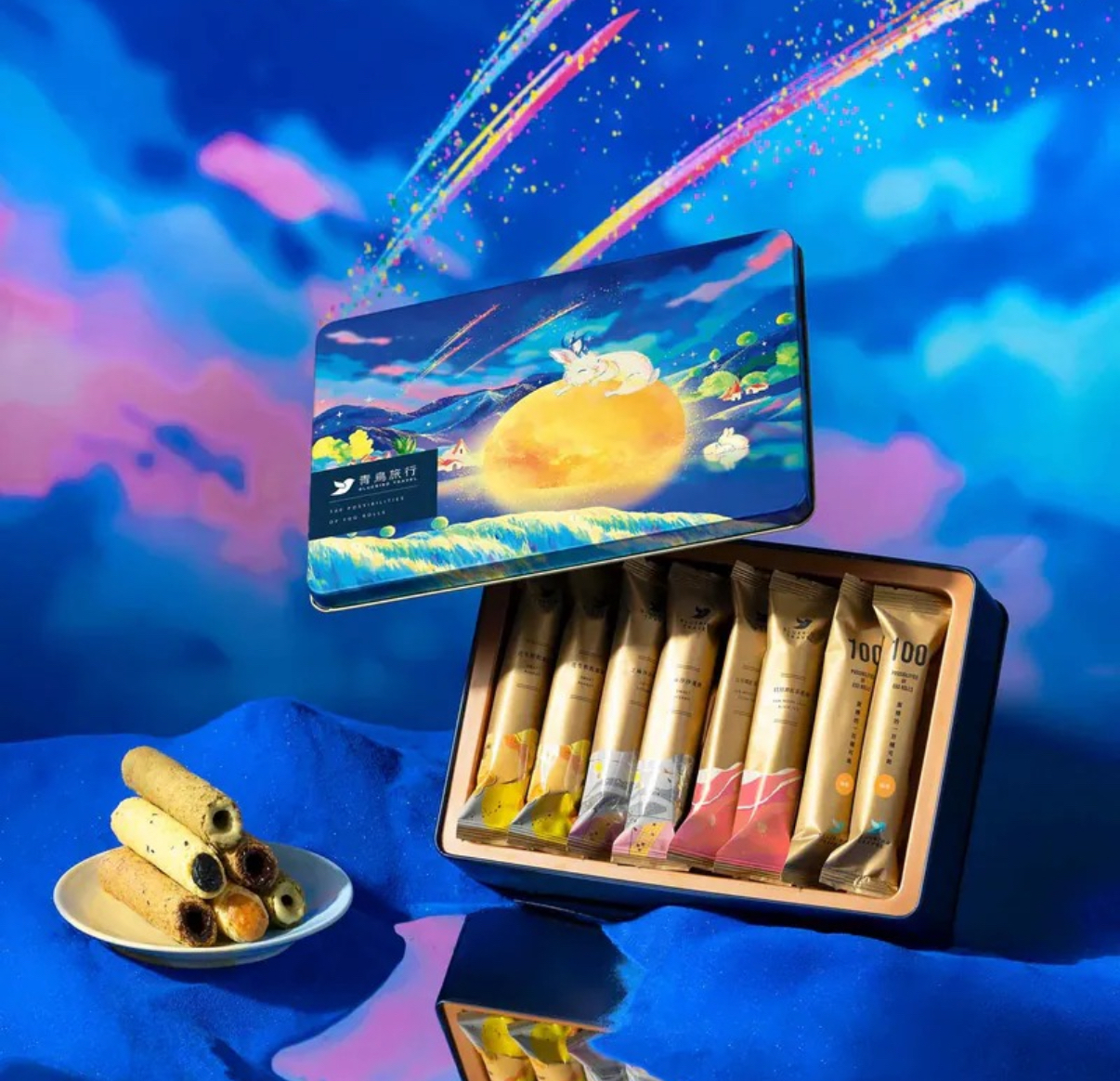 🌕【中秋送禮顏值天花板｜台灣排隊名店】2026 限量版 青鳥旅行 織星守月灌餡蛋捲禮盒 🐇