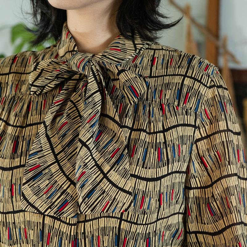 Vintage Japanese Abstract Pattern Tie Collar Day Dress with Original Belt (MT1608-153)