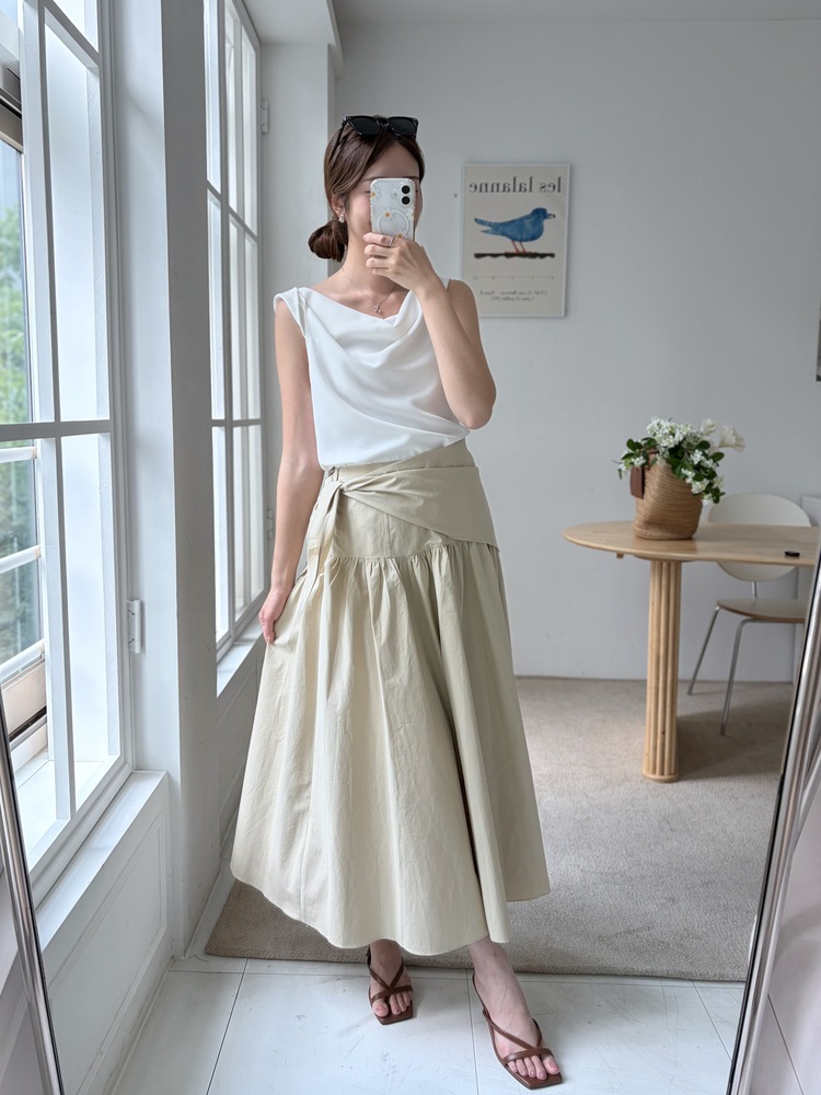 Wrap-Waist Flare Skirt (Beige)