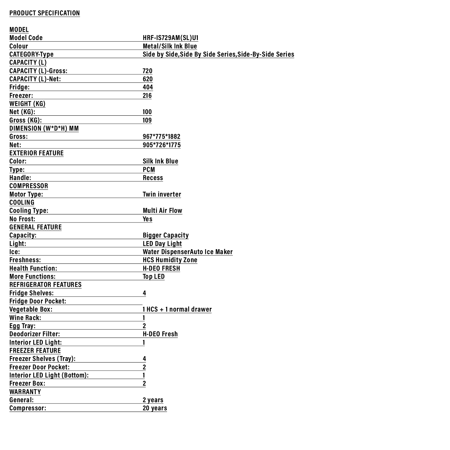 Haier 729L Side by Side Inverter Refrigerator Silver (HRF-IS729AM)