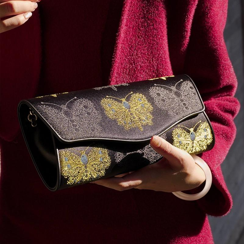 宋錦∞黑金綠蝴蝶牛皮手袋