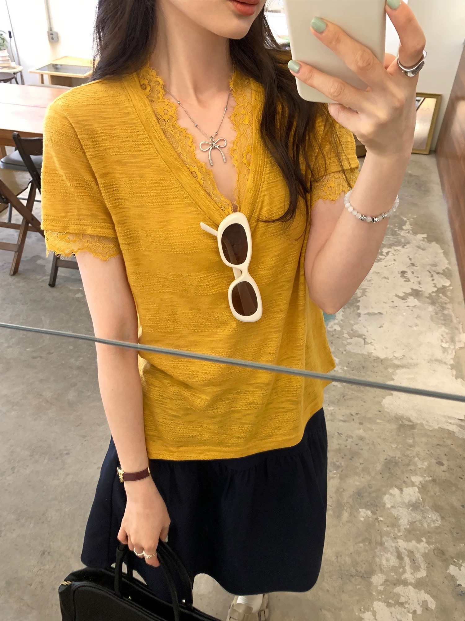 蕾丝边边针织Tee