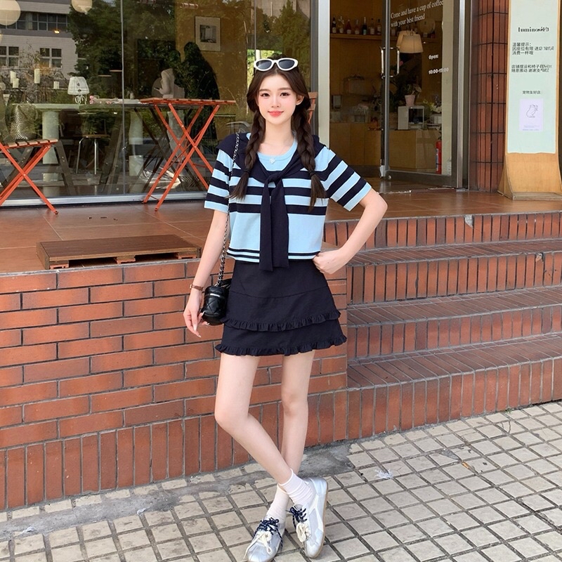 B137(72269) 韩系减龄付纯色披肩蓝撞色横纹冰丝针织蓝两件套上衣 