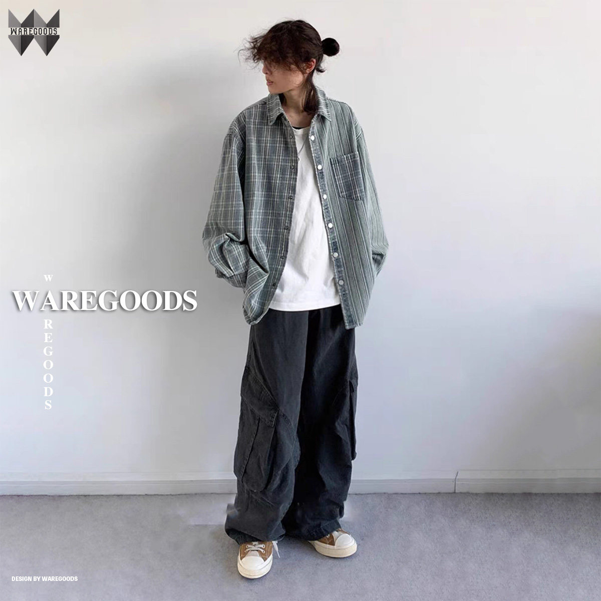 W3009格仔條紋拼接牛仔長袖恤衫
