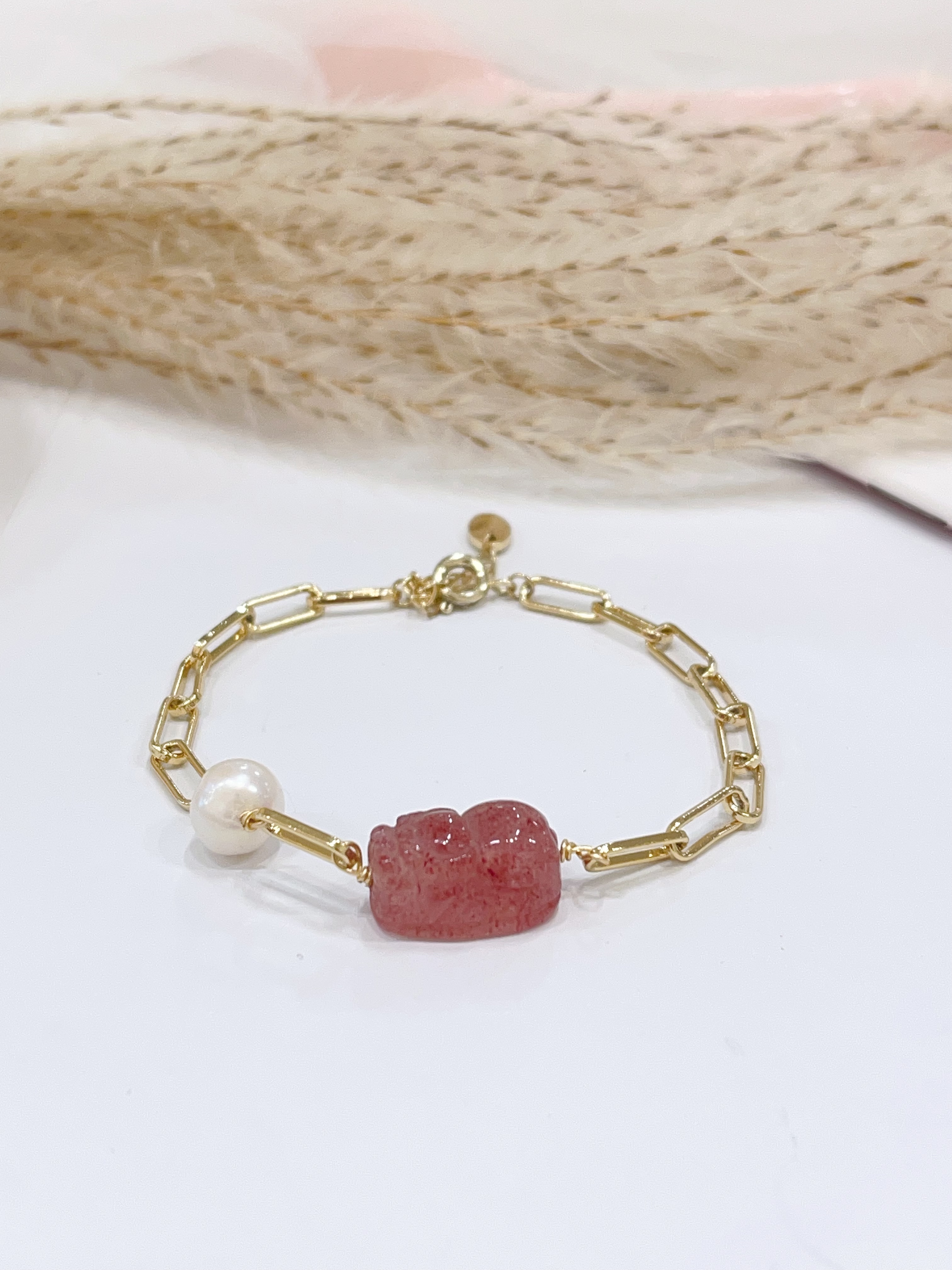 🍓 草莓晶貔貅 × 淡水珍珠手串 Strawberry Quartz Pixiu & Freshwater Pearl | 10mm 