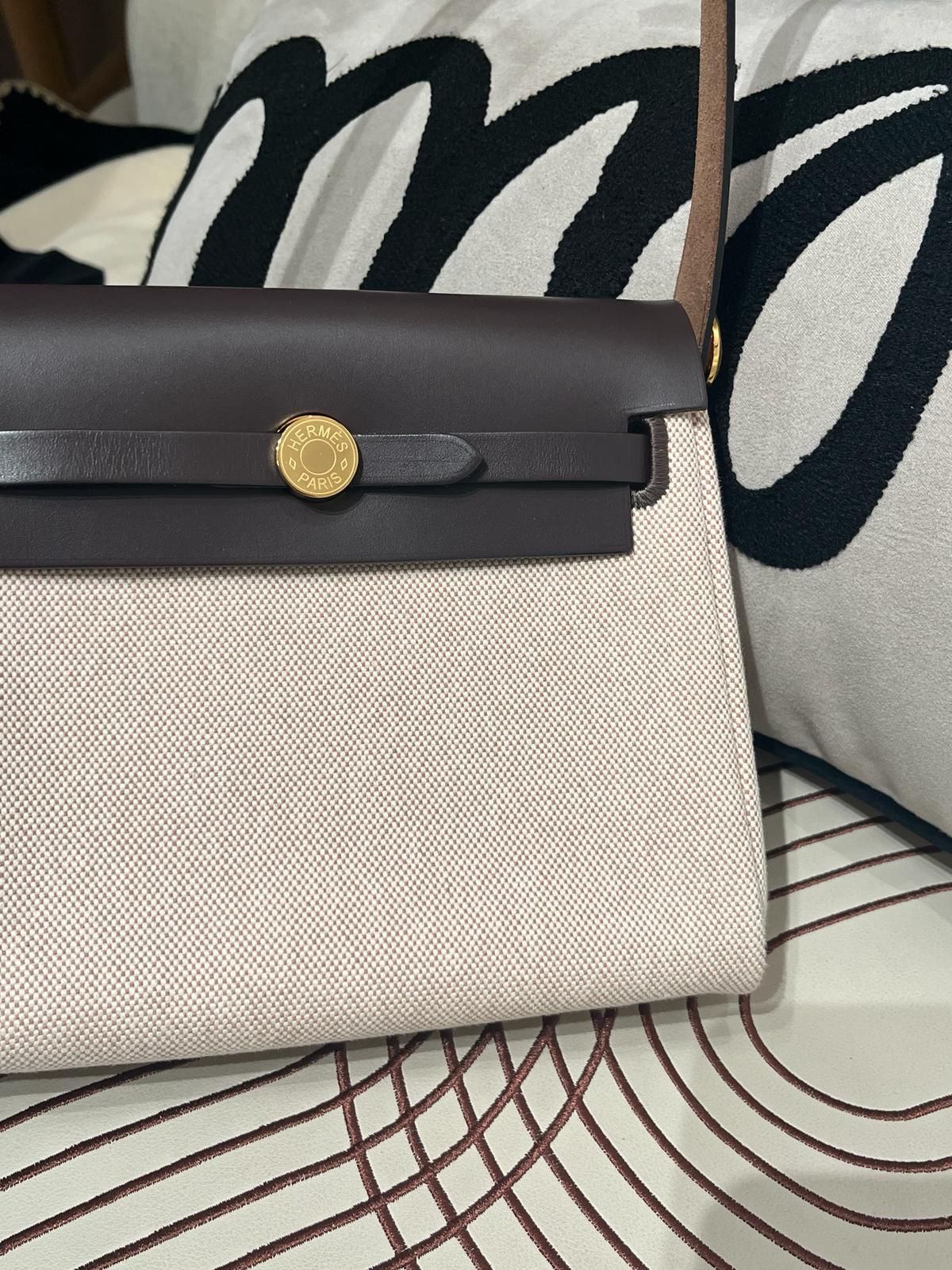 Hermes mini herbag  Stamp K (米白灰/威瑪犬米/烏木色)ecru/beige/ebene, 100%Authentic, 95%New✅Dust bag
