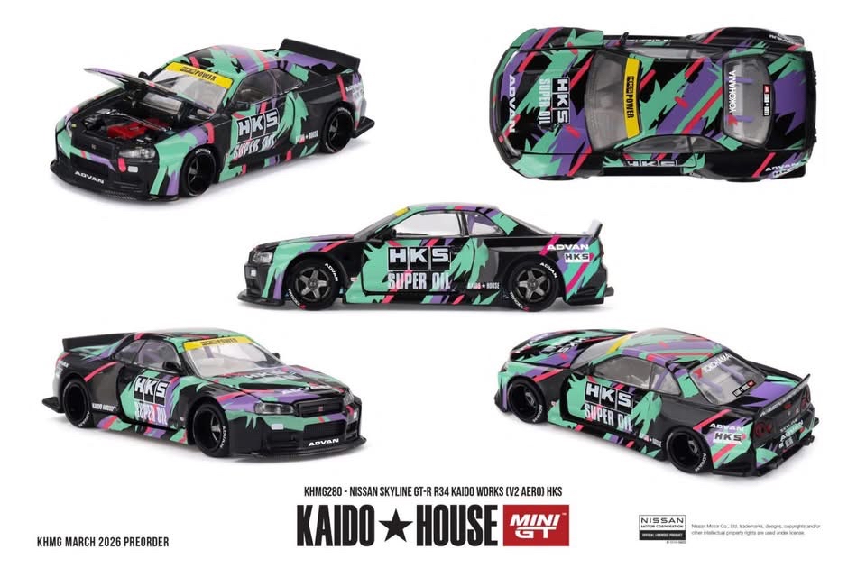 (預訂 Pre Order) KAIDO HOUSE x MINI GT  ( KHMG280 ) Nissan Skyline GT-R R34 Kaido Works (V2 Aero) HKS