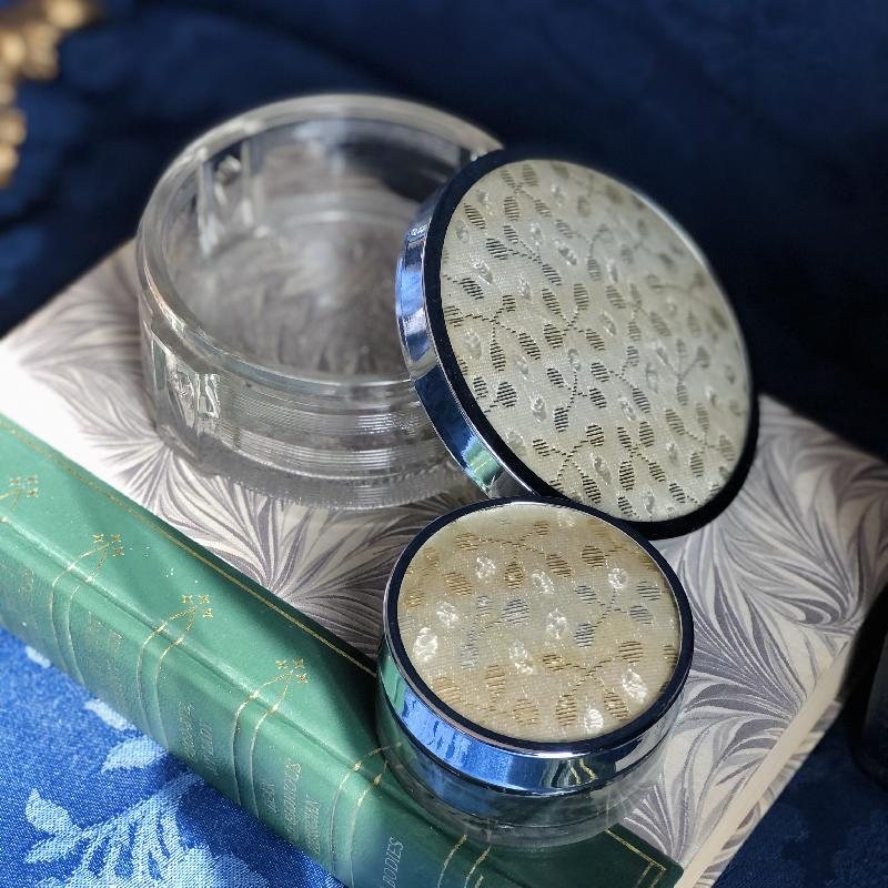 1950s Made in Canada Jacquard Fabric Glass Vanity Set/Powder& Cream Box Set of 2 (MT1055)