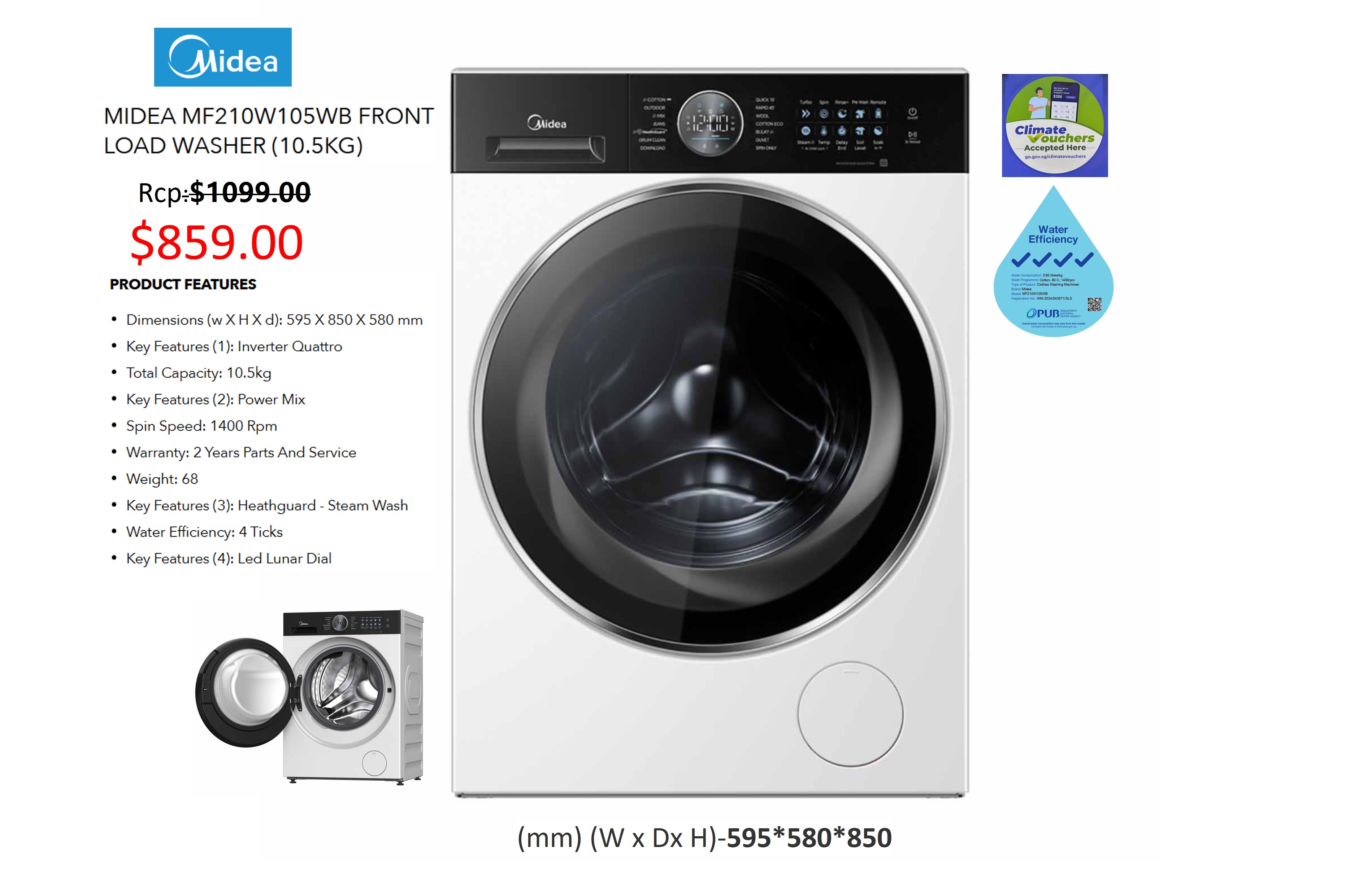 Midea 10.5KG Front Load Washer MF210W105WB