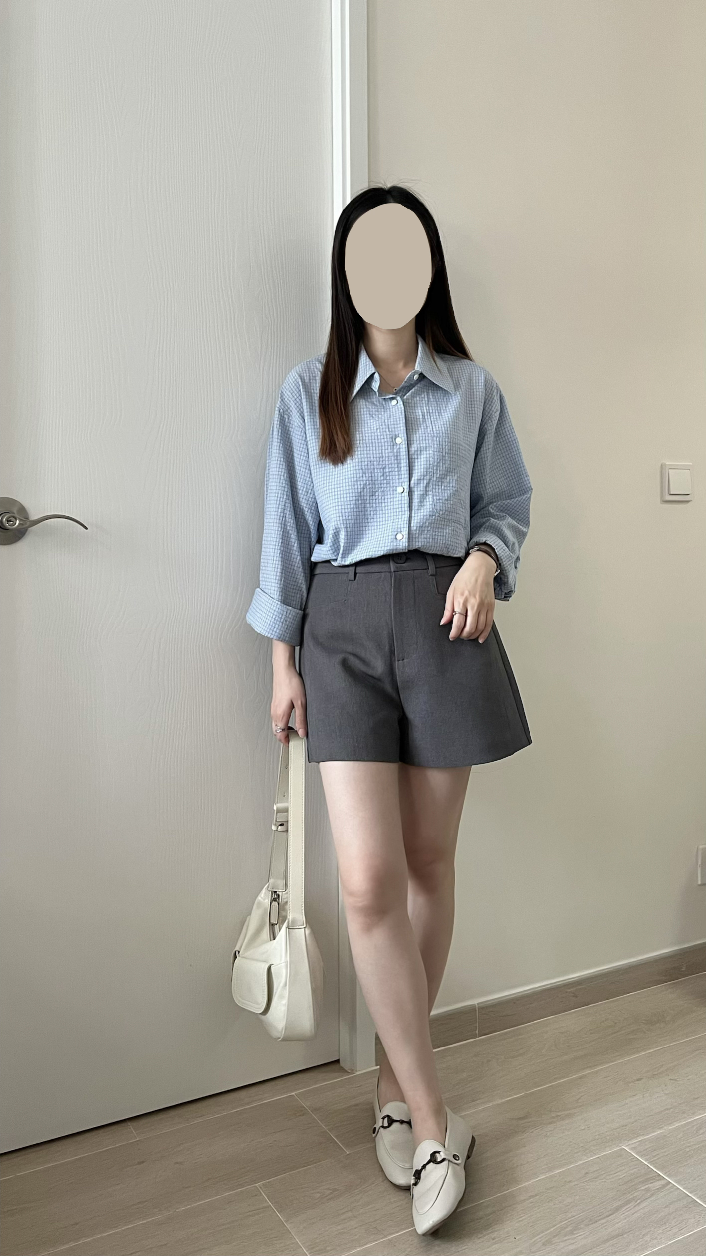 韓風細格紋薄恤衫 