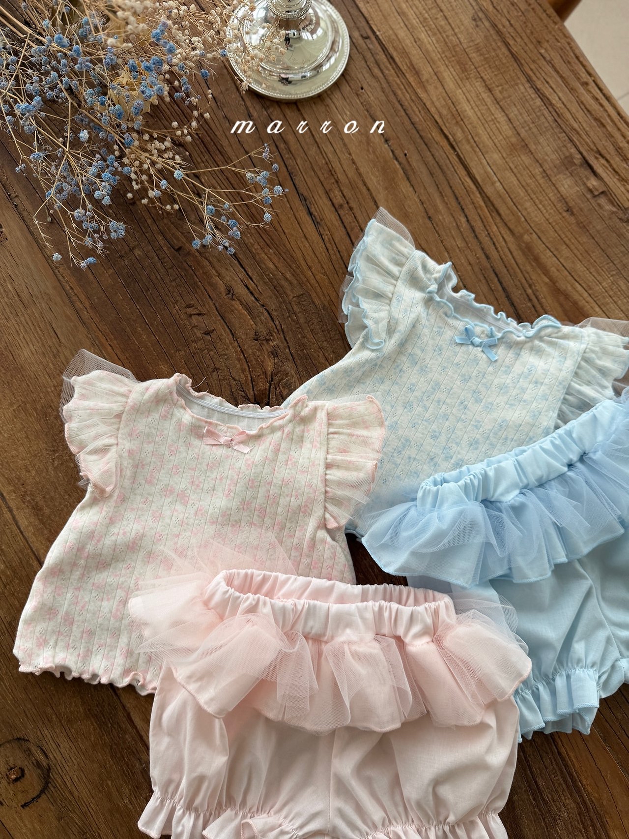 ☀️預訂 韓國直送☀️🇰🇷Marron兩色碎花薄紗荷葉邊袖背心燈籠褲套裝