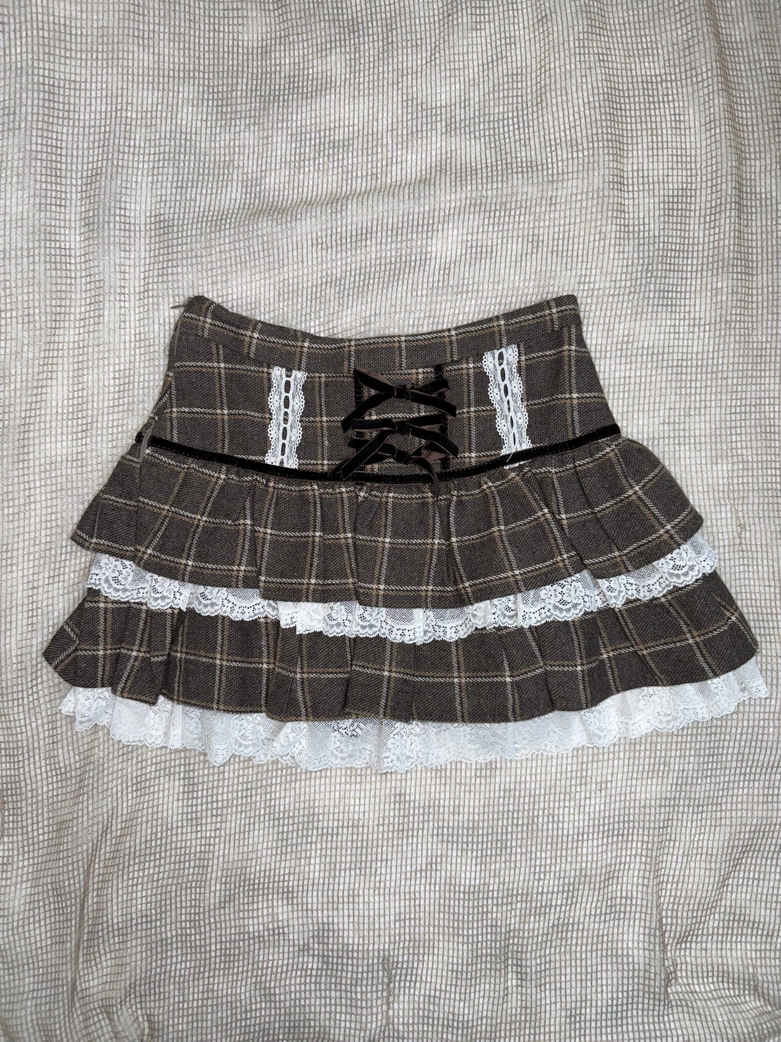 Brown Plaid Lace Layered Mini Skirt