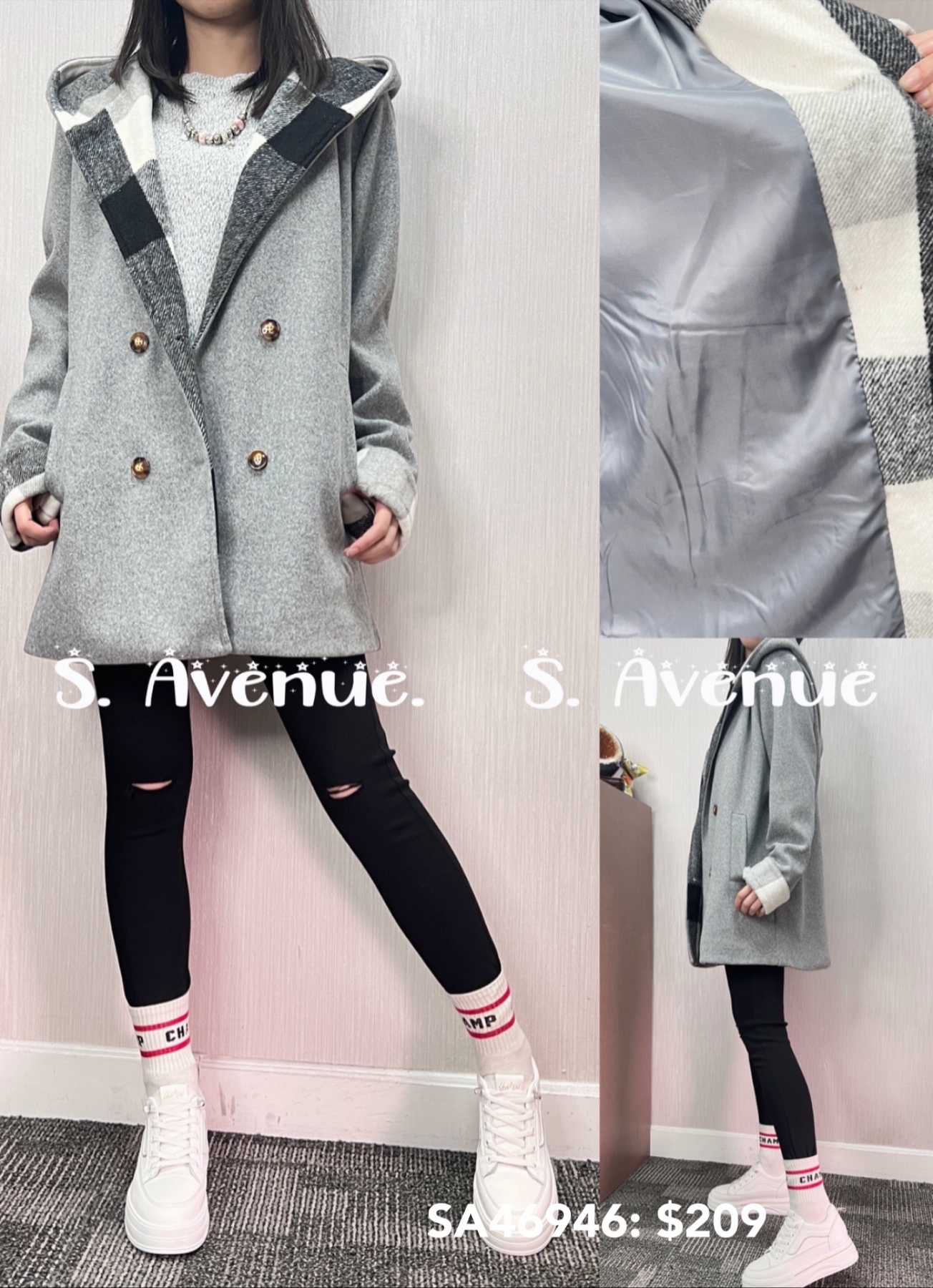 SA46946: 長袖有帽格仔邊雙鈕絨褸