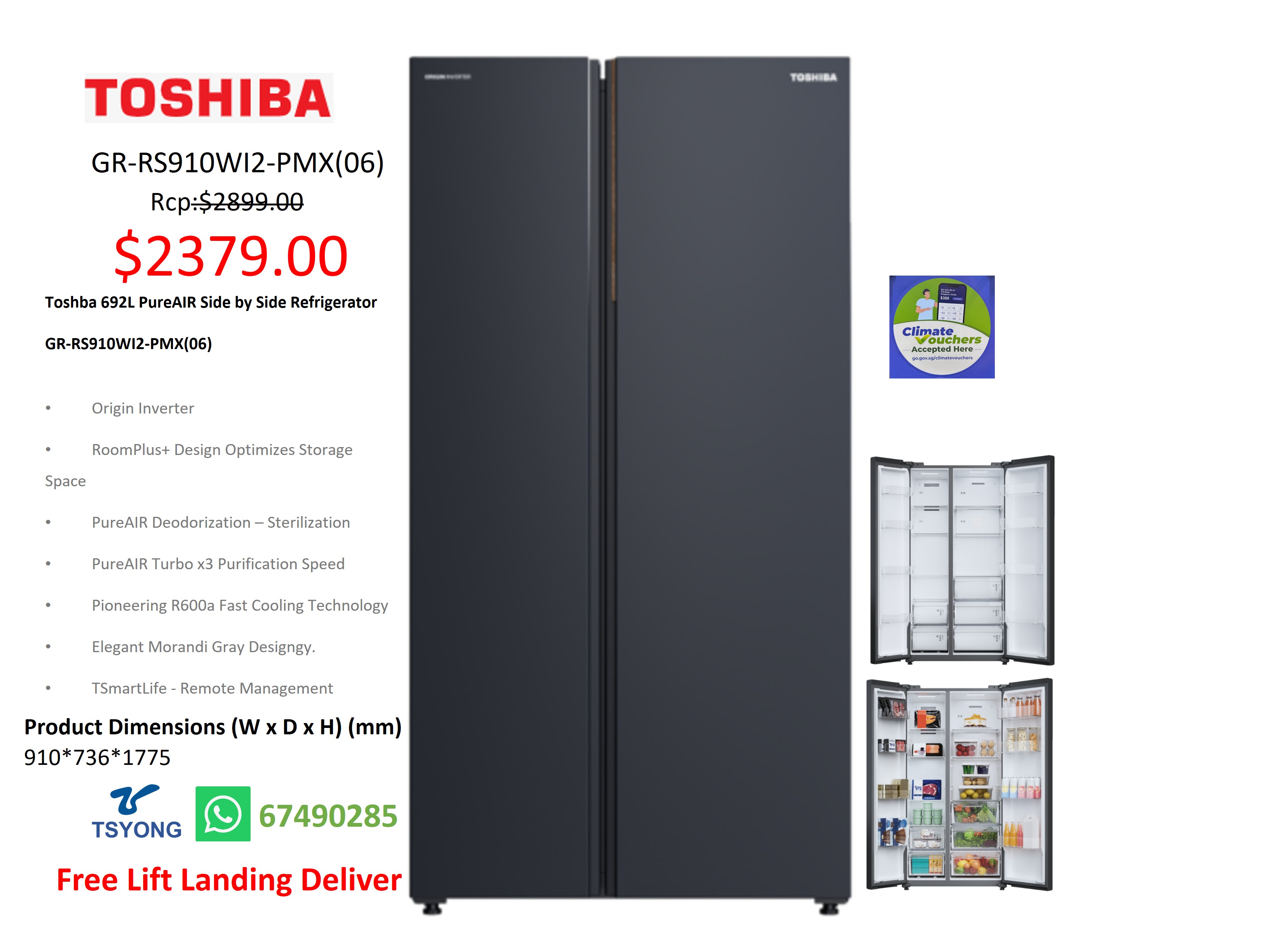Toshba 692L PureAIR Side by Side Refrigerator GR-RS910WI2-PMX(06)