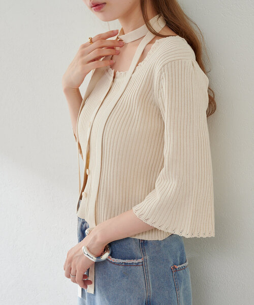 喇叭中袖lace邊頸帶小外套