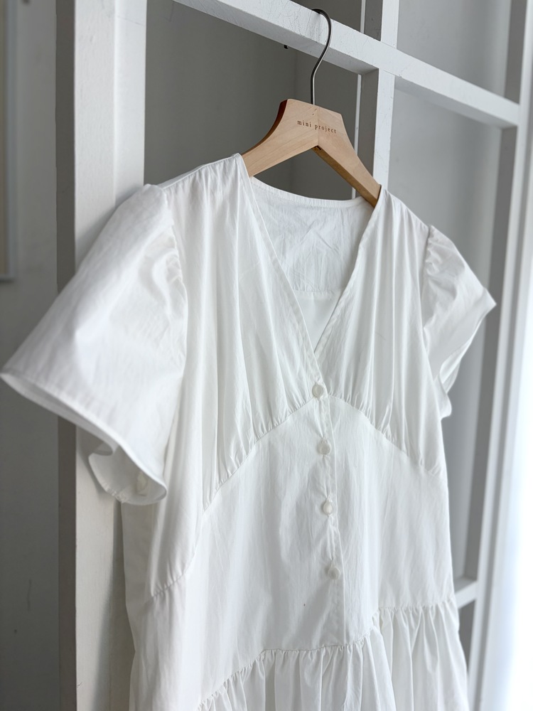 Airy Button Front Long Dress (White)