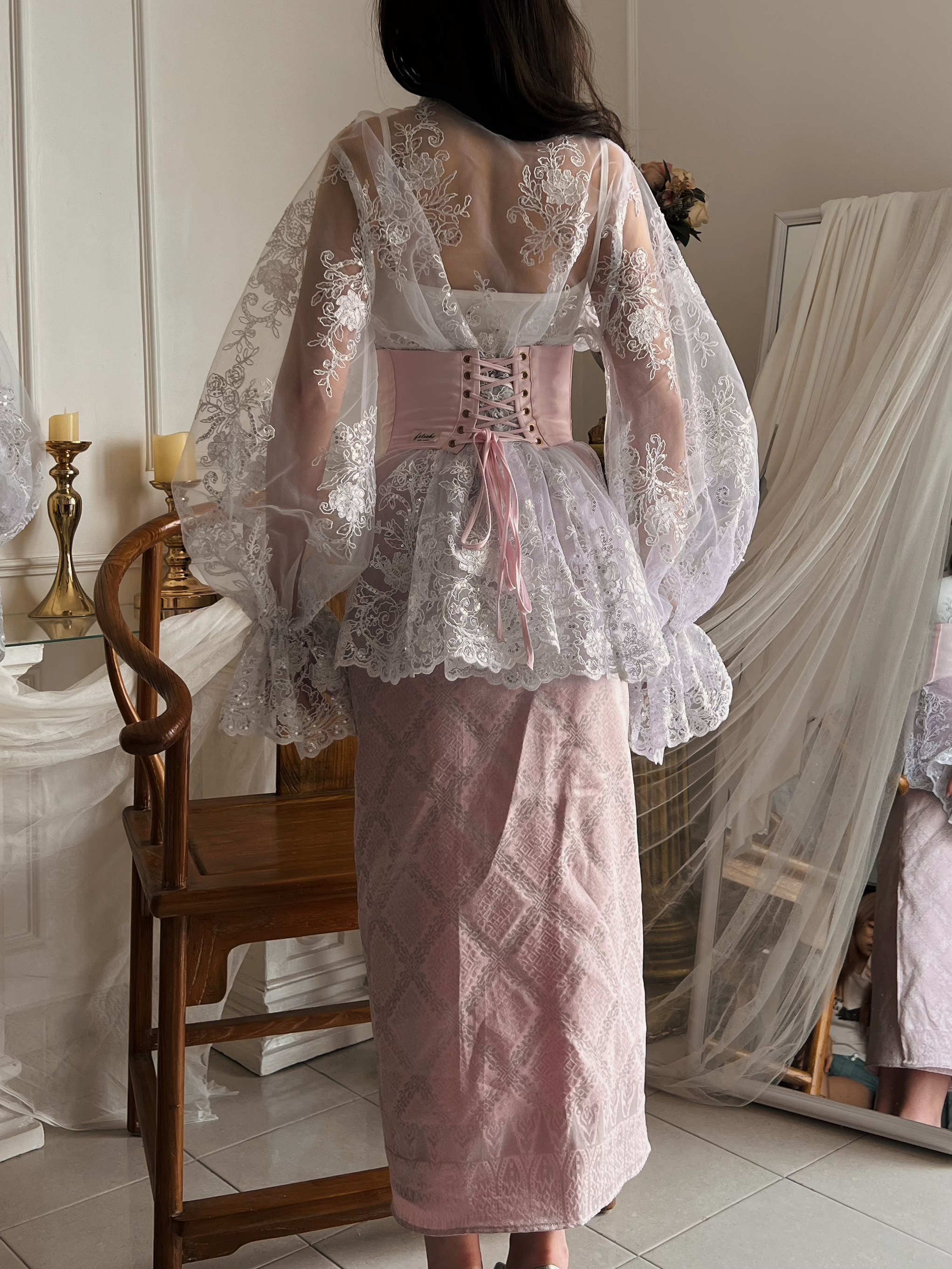 Songket Underbust Corset and Pareo Skirt in Baby Pink with Angel Blouse in True White