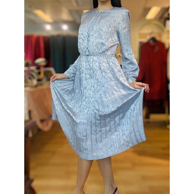 Vintage Bluish Grey Shiny Foliage Pattern Pleated Day & Night Dress (PP001-33)