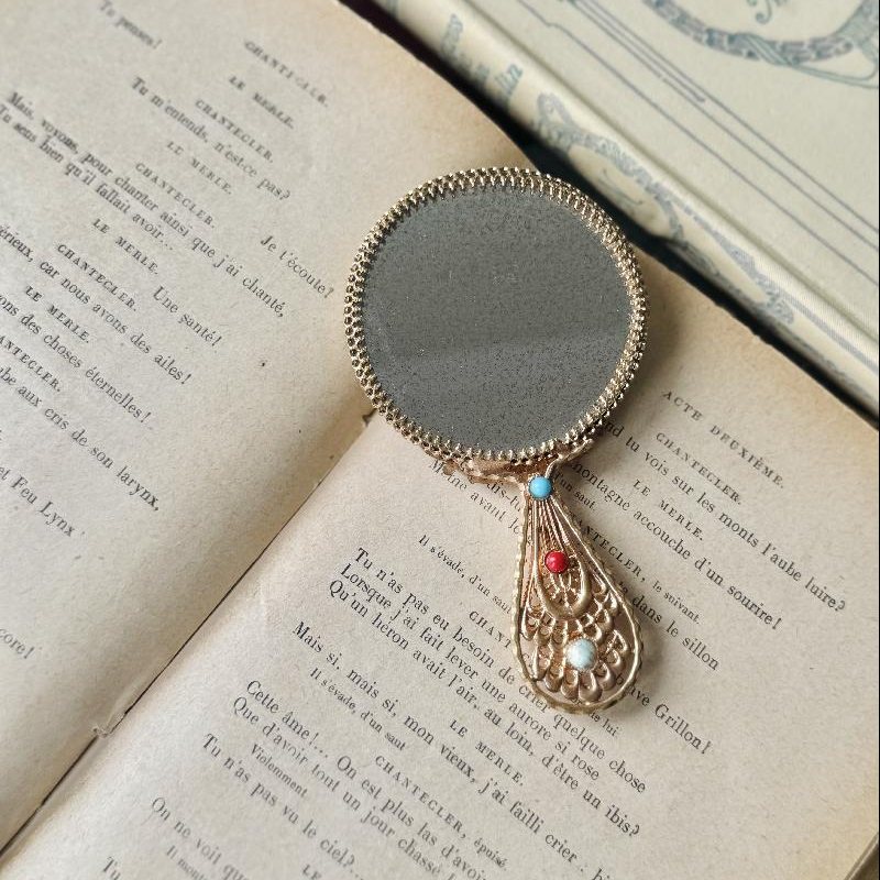 Vintage C.a. 1950s European Turquoise Glass Ornated Elegant Hand Mirror (MT2302)