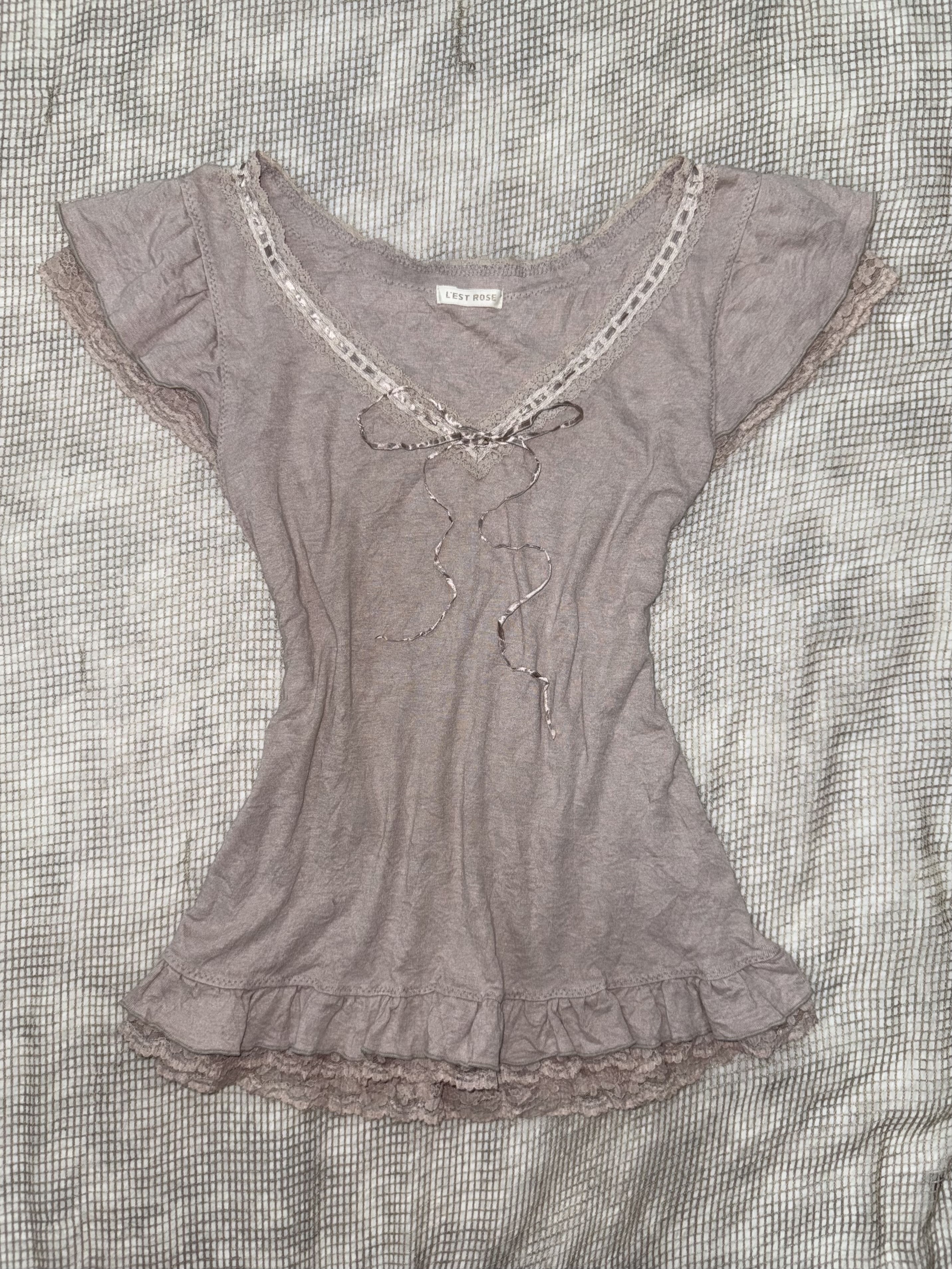 Dusty Rose Flutter Sleeve Ruched Hem Top with Lace