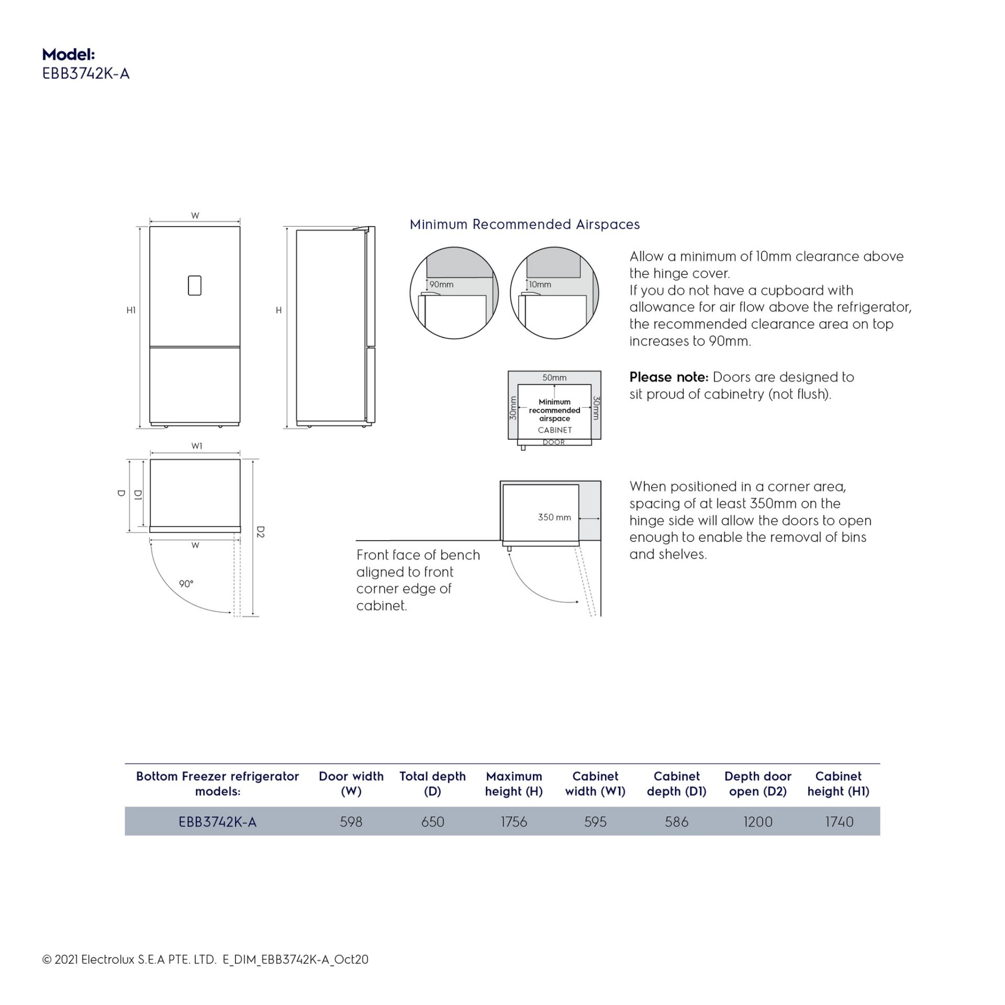 Electrolux 335L UltimateTaste 300 Bottom Mount Inverter Fridge (EBB3742K-A)