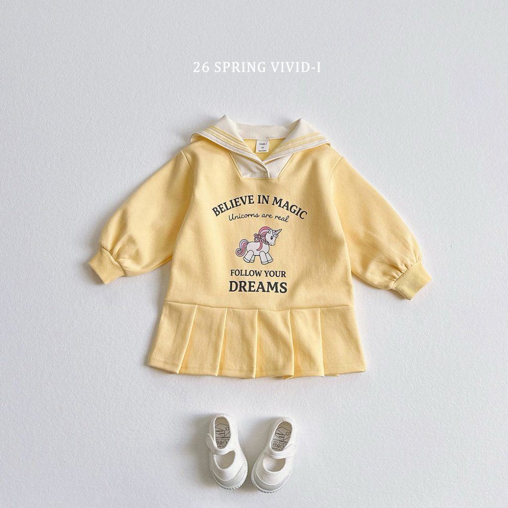 🌸預訂 韓國直送🌸🇰🇷VIVIDI四色水手領獨角獸印花長袖百摺連身裙