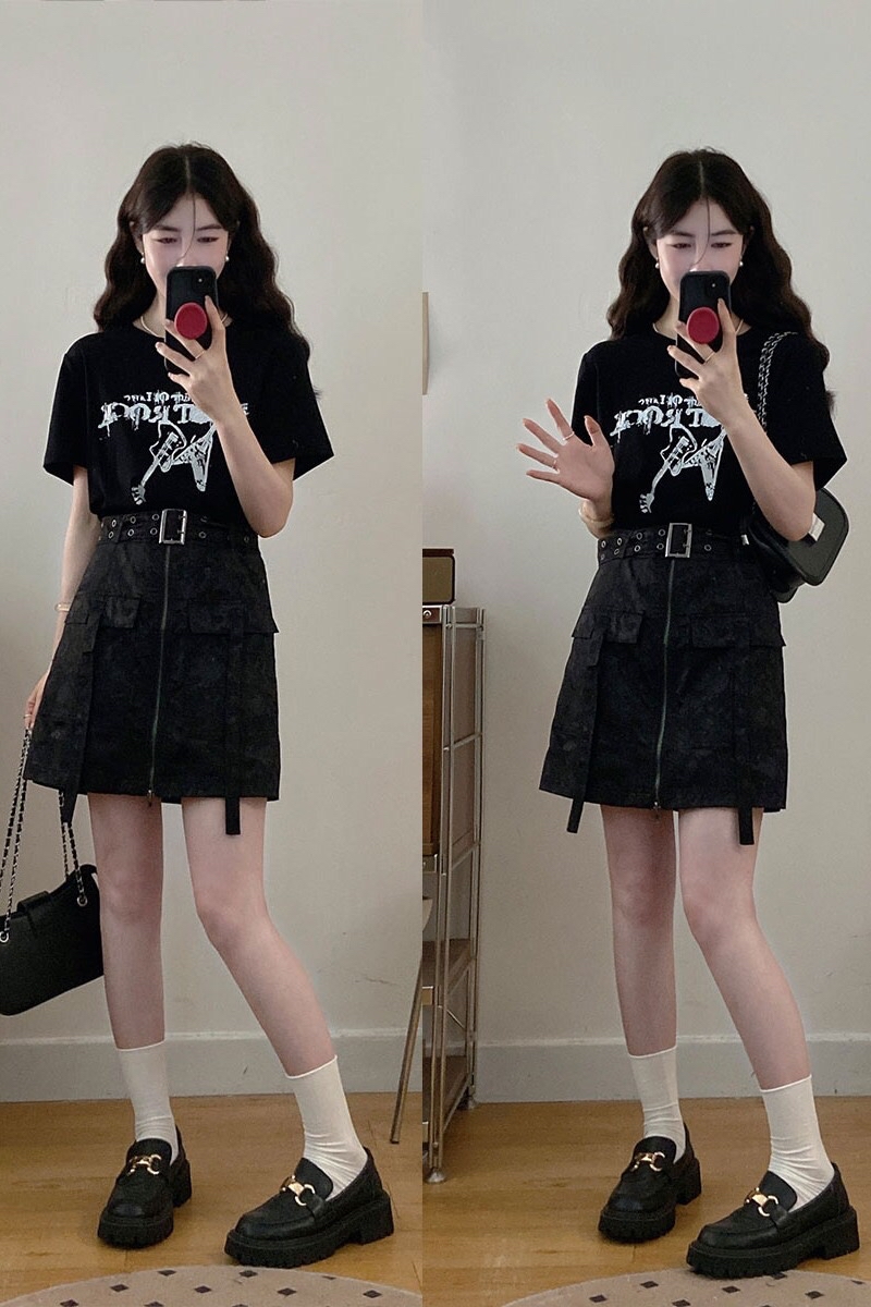 B285(3307) 美式甜酷假两件吉他印花拼下摆工装感口袋黑连身裙