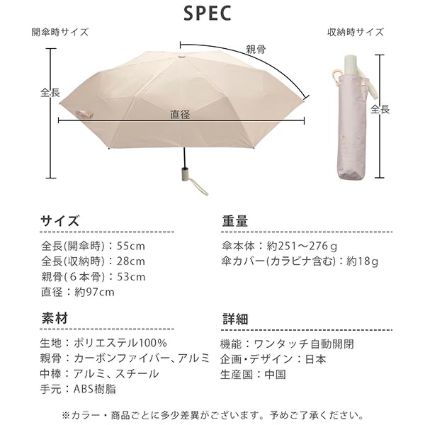 『預訂優惠』日本KIZAWA Pattofold-swifit系列輕量6骨碳形狀穩定自動雨傘(55cm)多色