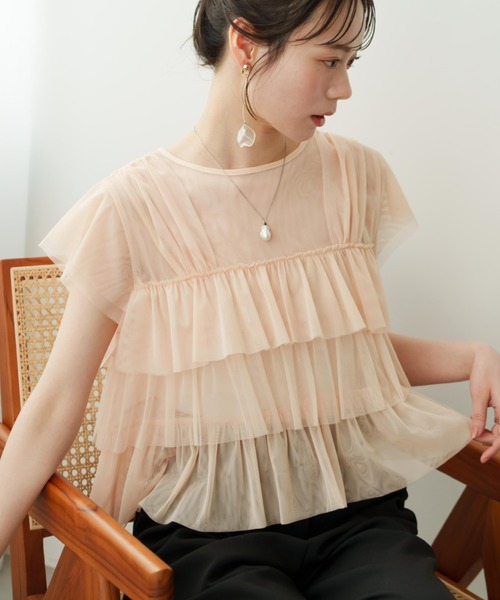 薄紗荷葉邊法式袖上衣【JT037】