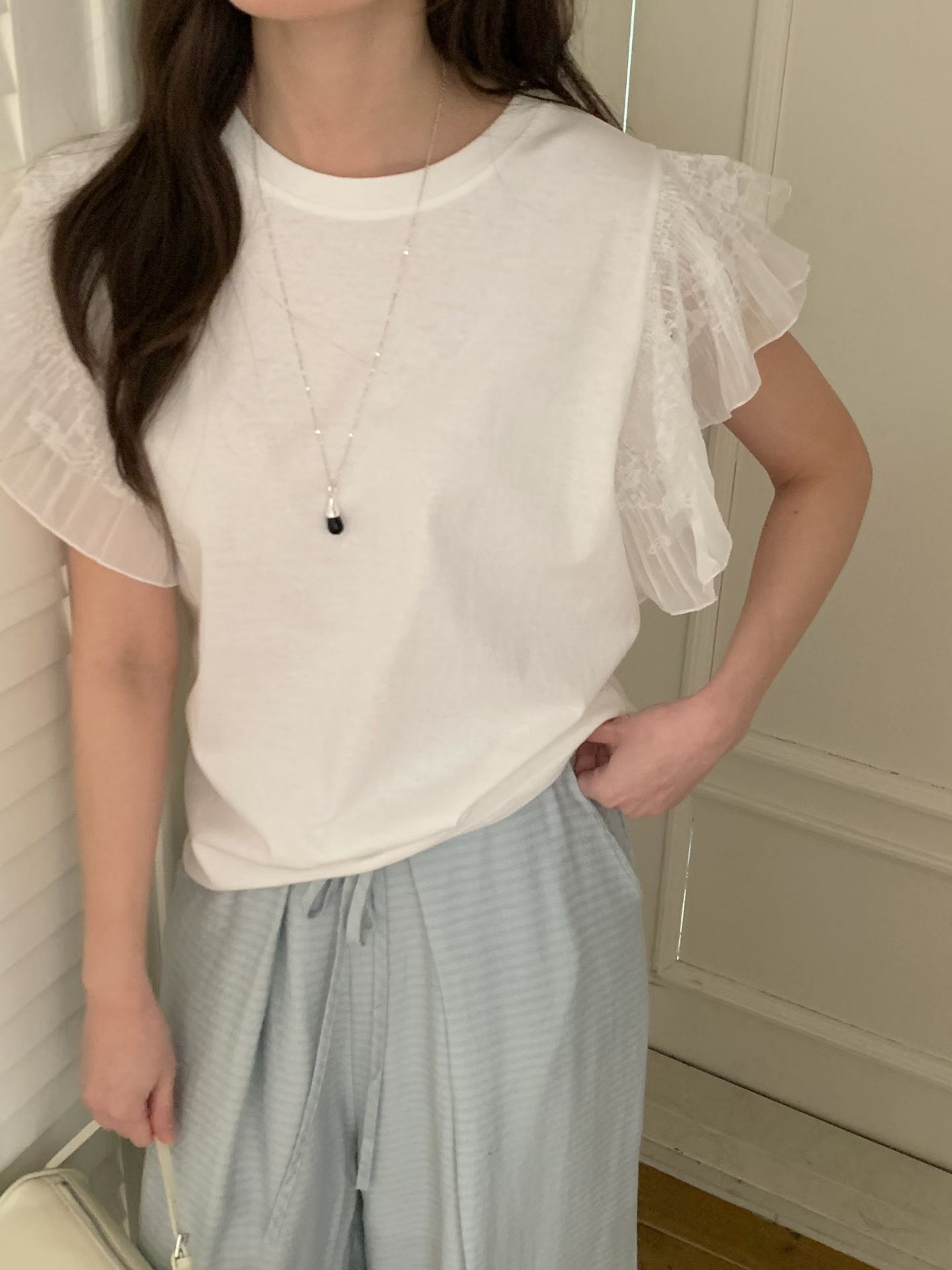 CT25 法式甜美蕾絲透紗袖Top