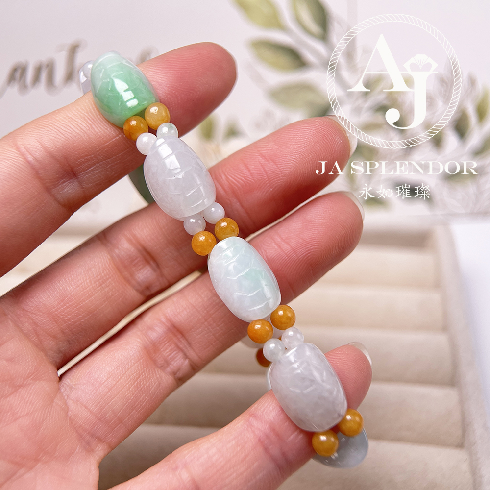 OF-06-C 天然翡翠A玉 - 冰潤三彩長壽吉祥龜貝手串