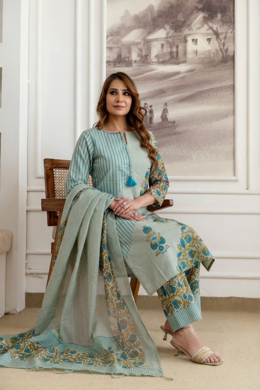 Light Teal Floral Print Kurta Set