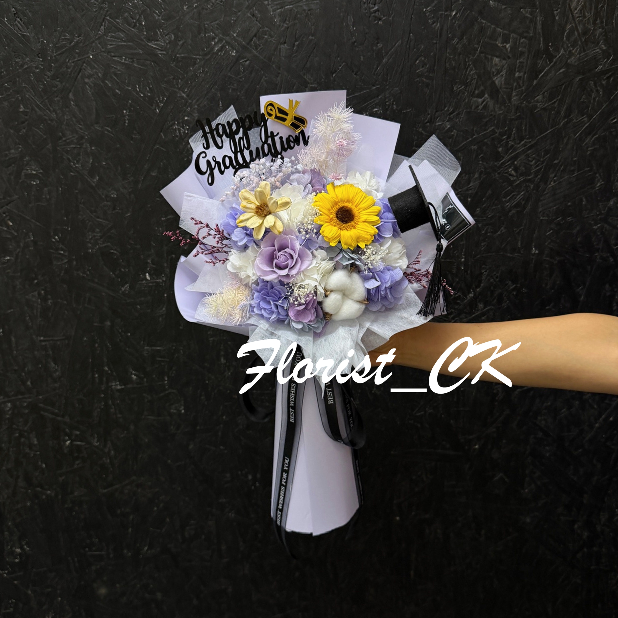 Embrace 淺紫花紙款｜畢業之選｜永生玫瑰太陽花花束 (預訂款)