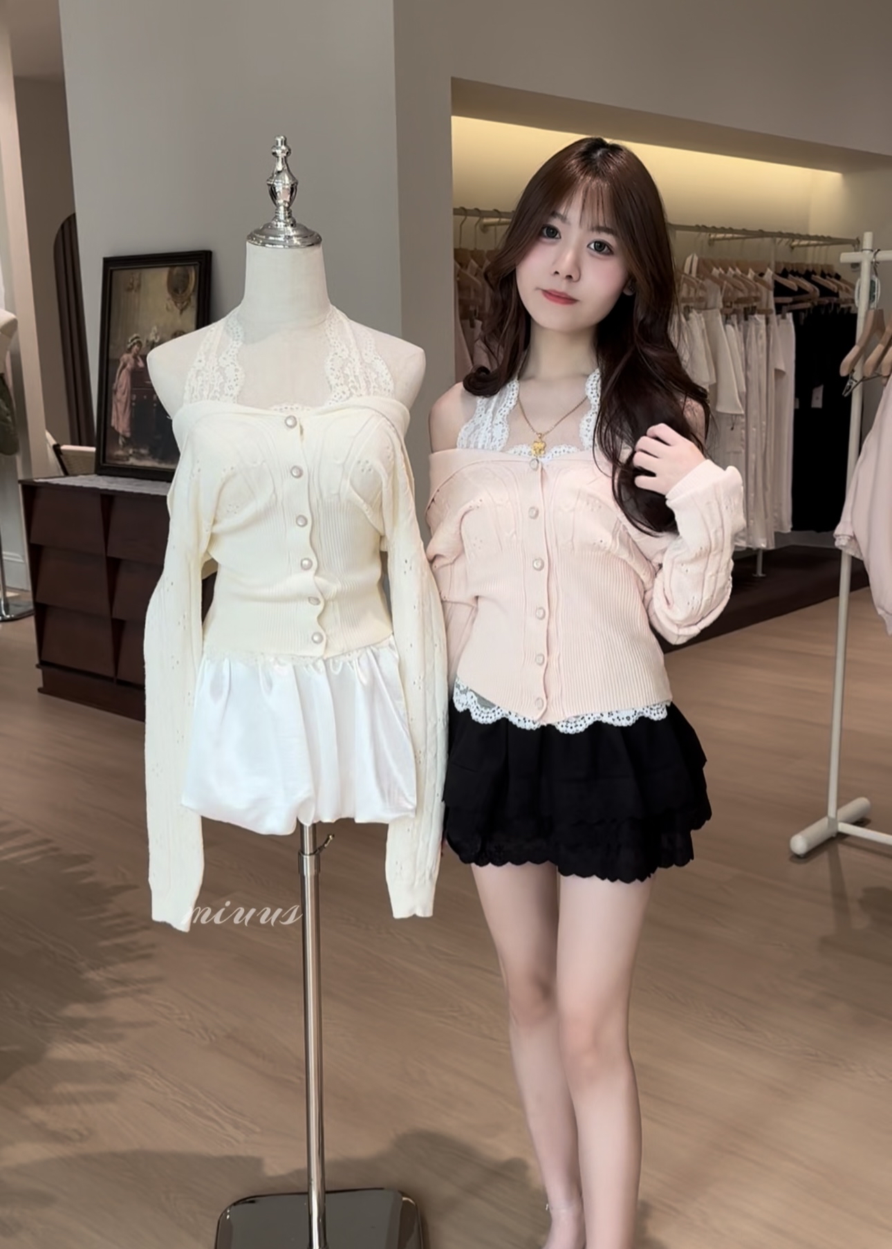 1730 OFF-SHOULDER LACE SET 一字肩蕾丝针织套装 *不包函蕾丝内搭