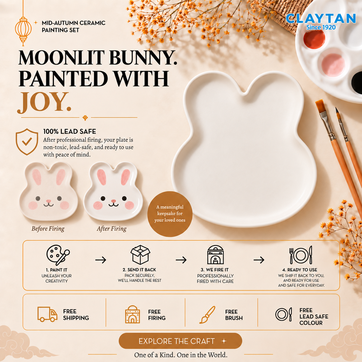 CLAYTAN Mid-Autumn Ceramic Painting Set | Bunny-Shaped DIY Plate Set | Paint, Fire & Cherish