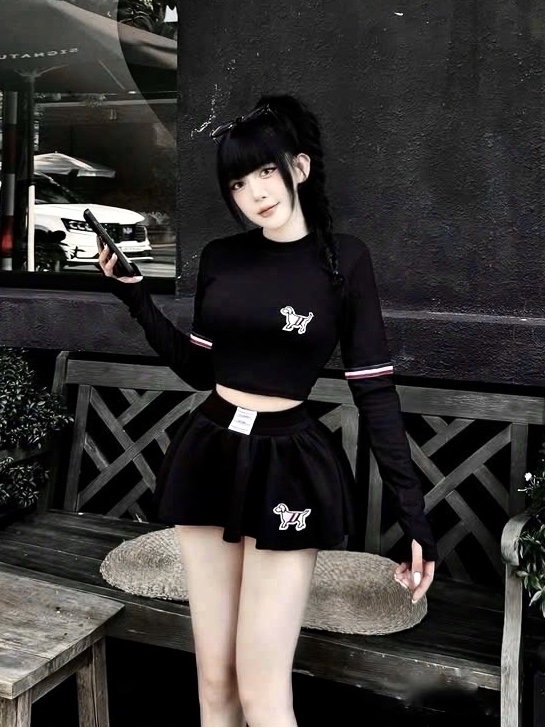 露臍上衣+高腰裤裙两件套