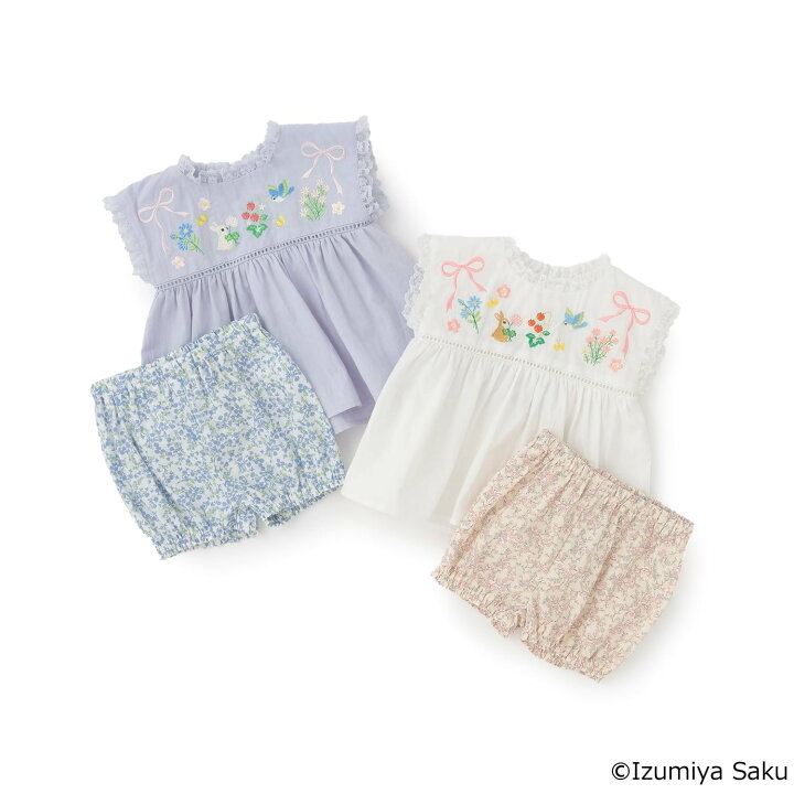 🇯🇵預訂 日本直送🇯🇵Petit Main x Izumiya Saku兩色圖案刺繡蕾絲上衣短褲套裝