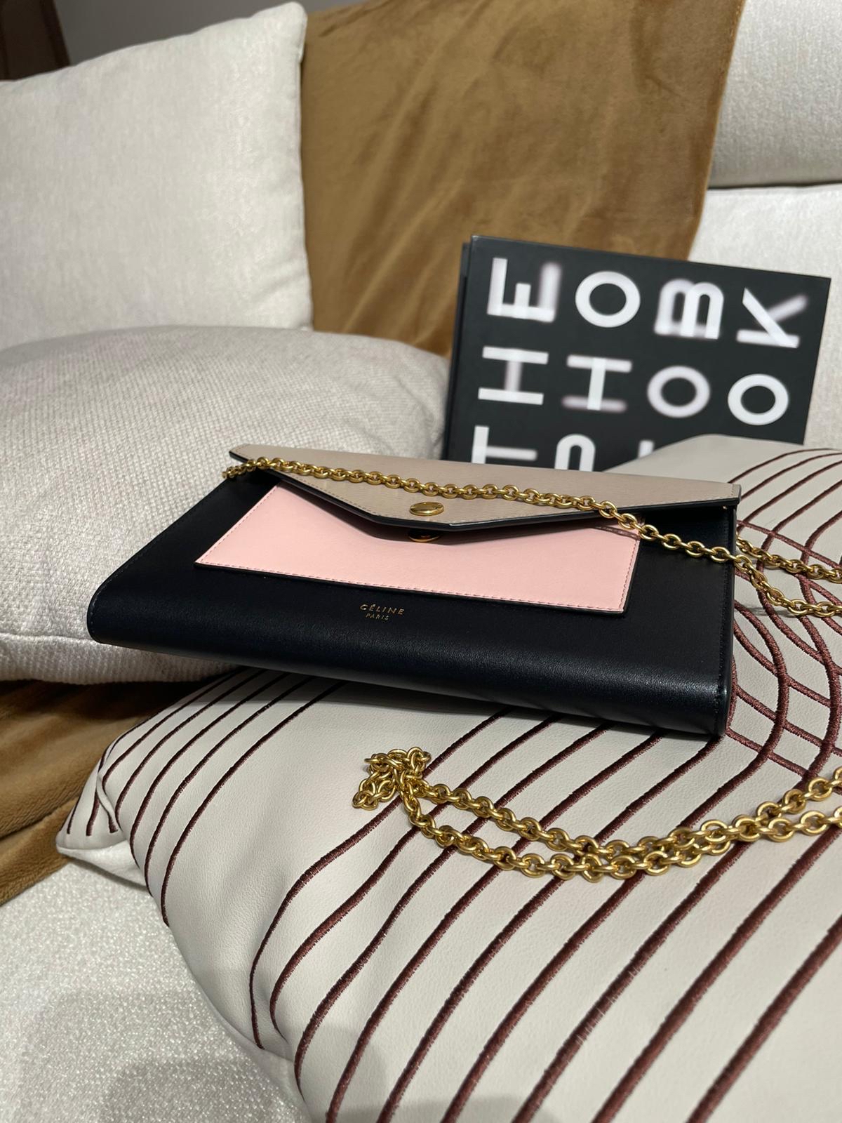 Celine clutch on chain 灰色拼粉紅牛皮鏈條銀包斜孭袋  100%Authentic ,98%new✅dust bag 