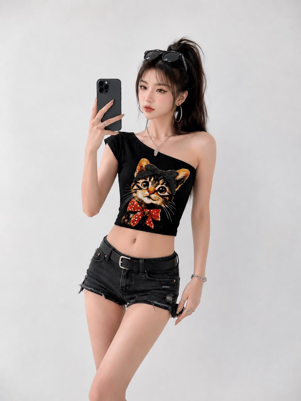 A100411 Korean Cat Print One Shoulder Crop Top