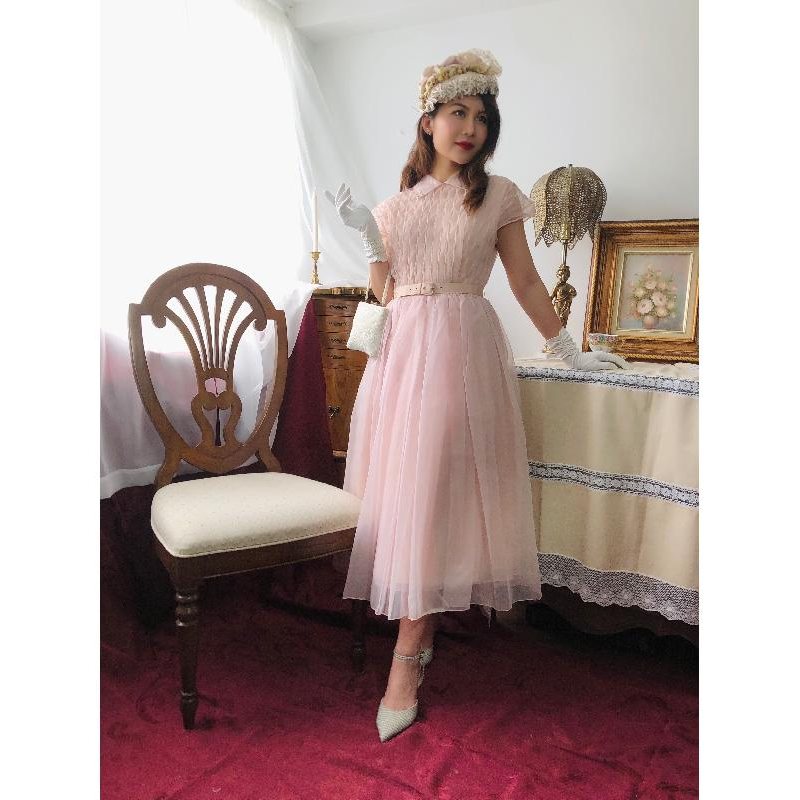 RARE! 1950s Blush Pink Gathered Textured Fit and Flare Gown and Belt/Day & Night Dress (MT916)