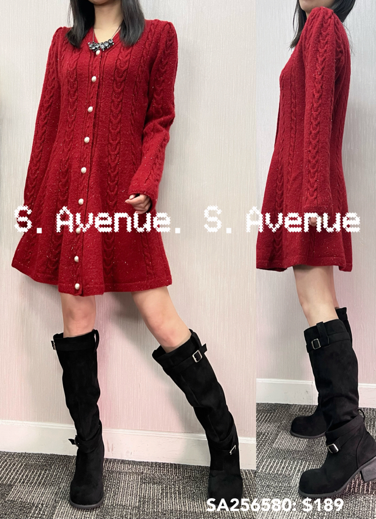 SA256580: 長袖V領有鈕織織花魚尾op