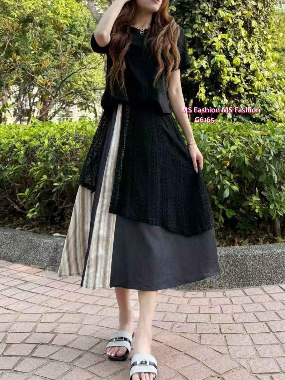 G6165 韓國🇰🇷假兩件拼布連身裙