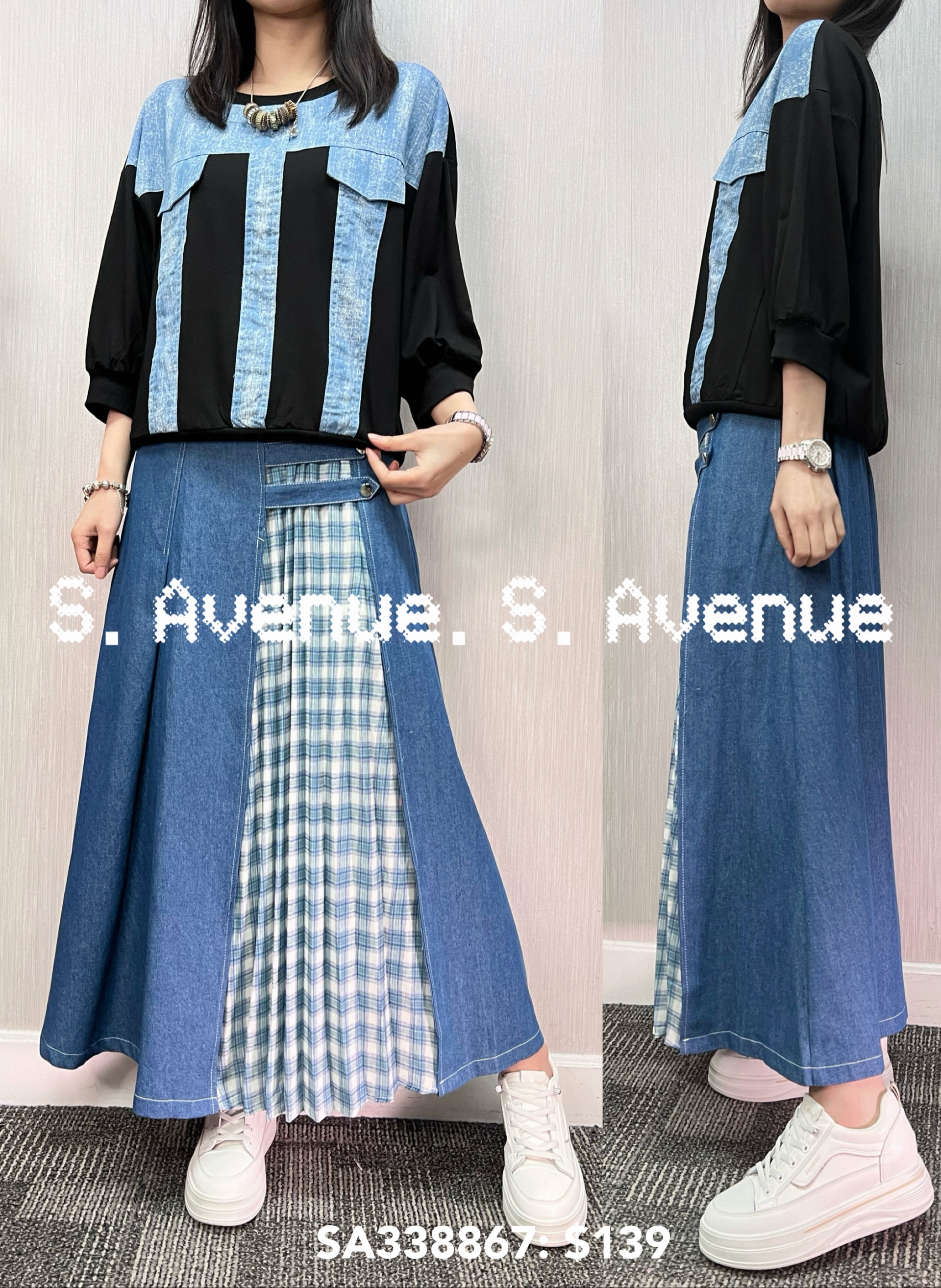 SA338867: 中袖拼牛仔tee