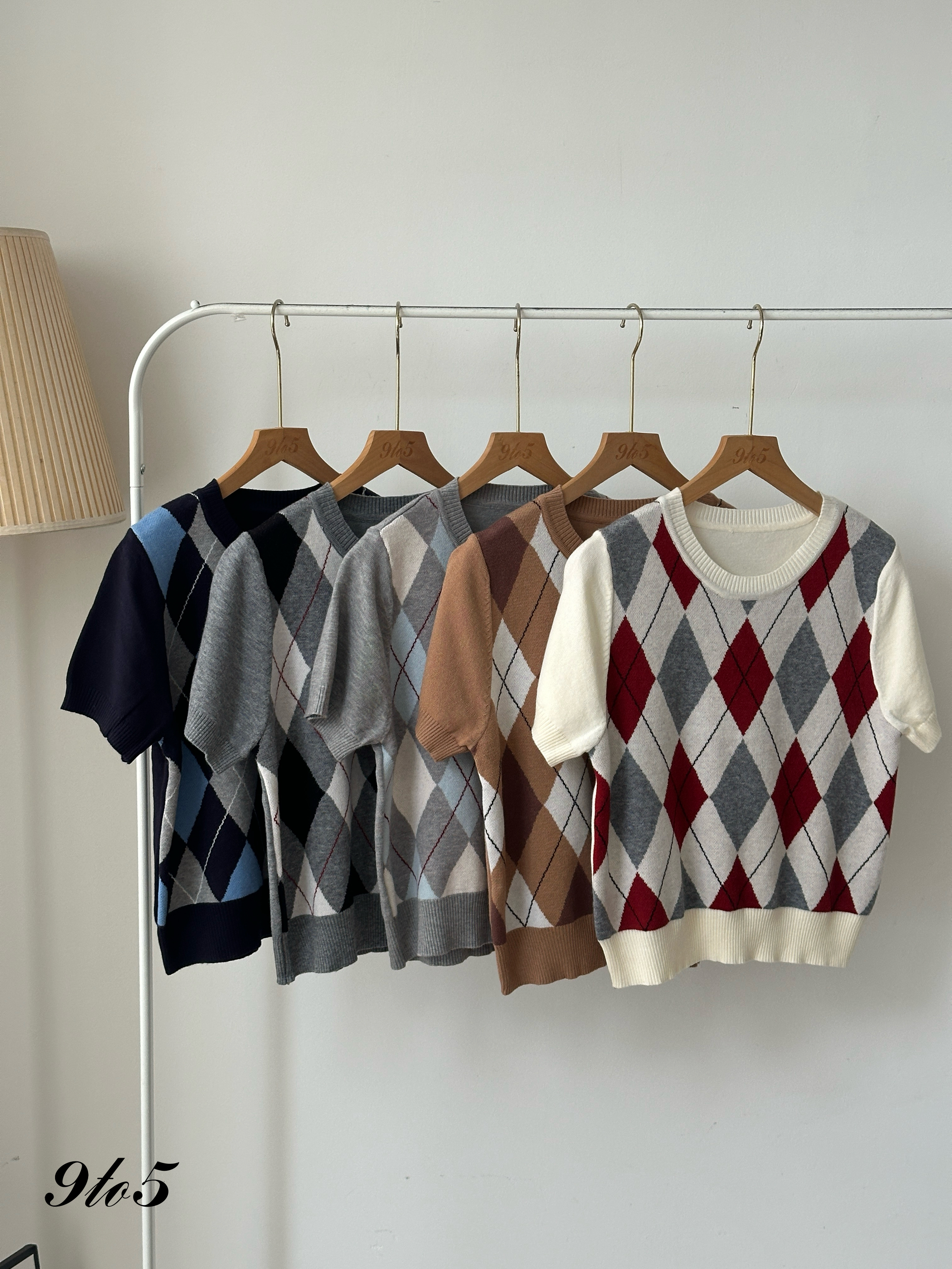 T4005 Argyle Knit Short Sleeve Top - 5 Colors 