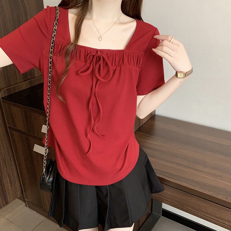 B227(24308) 韩系甜美风方领边褶皱蝴蝶结系带5色上衣