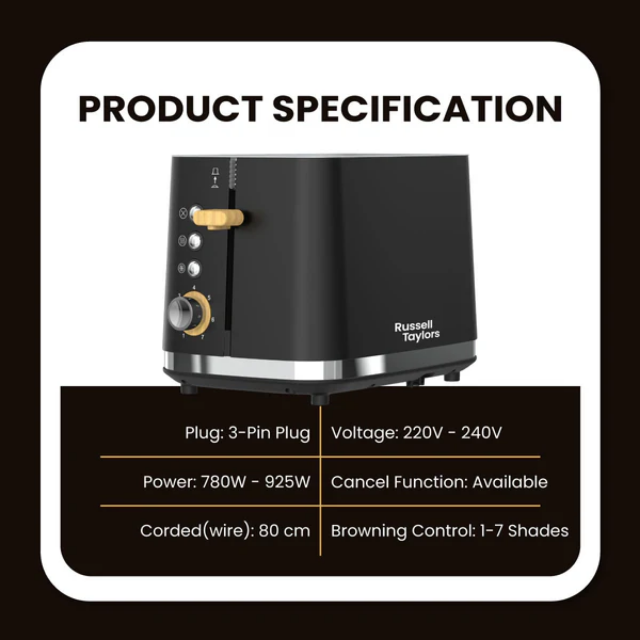 Russell Taylors 925W Noir Stainless Toaster (RT30)