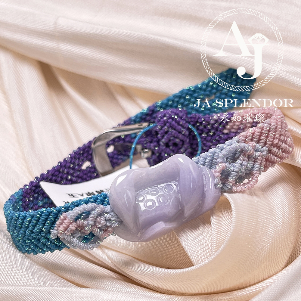 JN-3532 天然翡翠A玉- 春彩濃紫蓮花清心安神蠟繩編織手帶