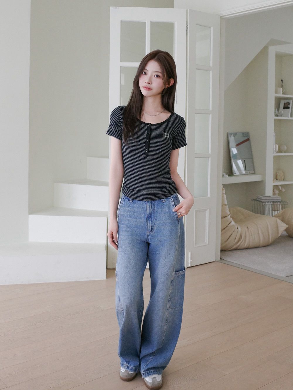 <預訂>🇰🇷MuahMuah HENLEY NECK STRIPE HALF T-SHIRT