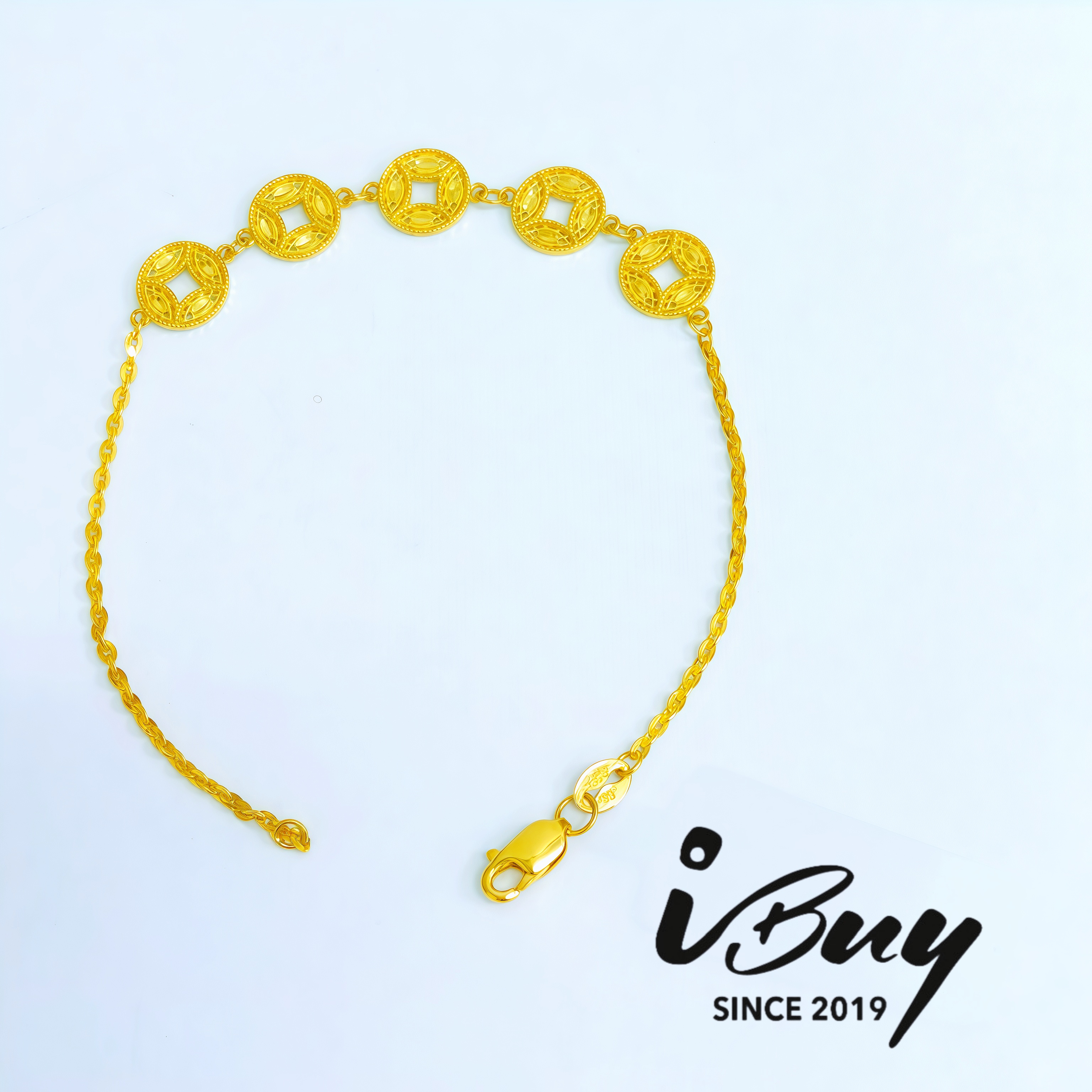 916 GOLD 5 ANCIENT COIN POLO BRACELET 916 金 五帝币太阳花手链